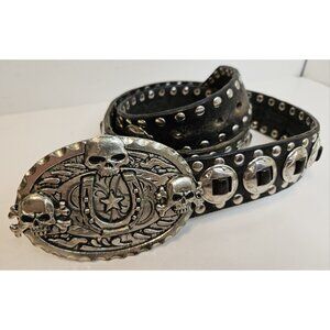 Mens Black leather studded Belt with Skulls/Horse Shoe Buckle 36-38"